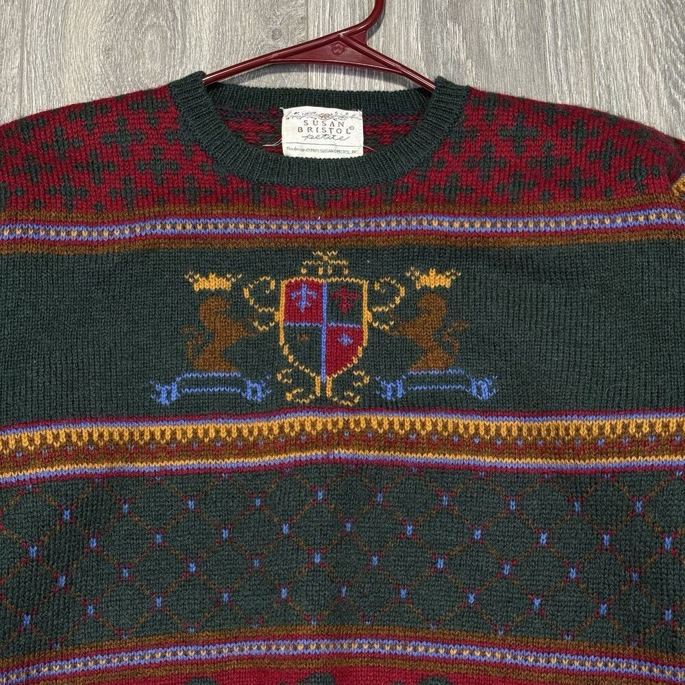 Vintage Susan Bristol Wool Sweater Womens Small Lion Crest Fair Isle 80s Preppy - Picture 4 of 11